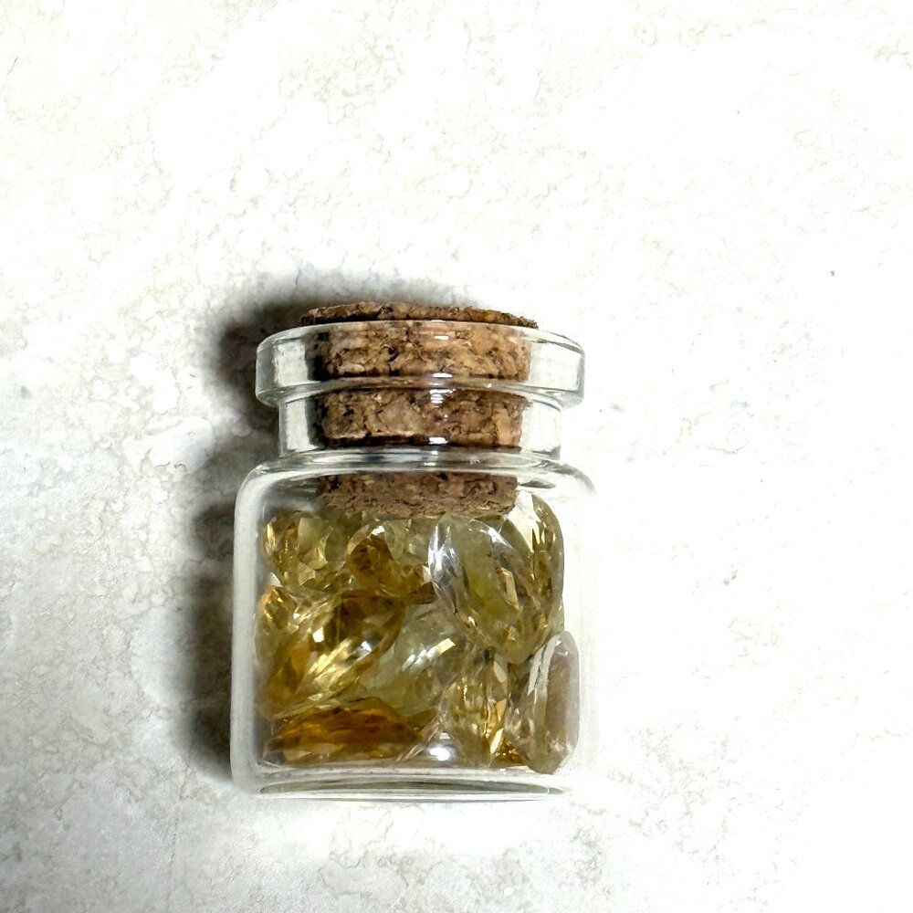 2/$20, Small Glass Bottle w/ Tiny Genuine Yellow Citrine Cabochons, Birthstone